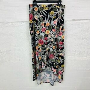 MASSINI black high low ruffle stretch floral maxi skirt size large